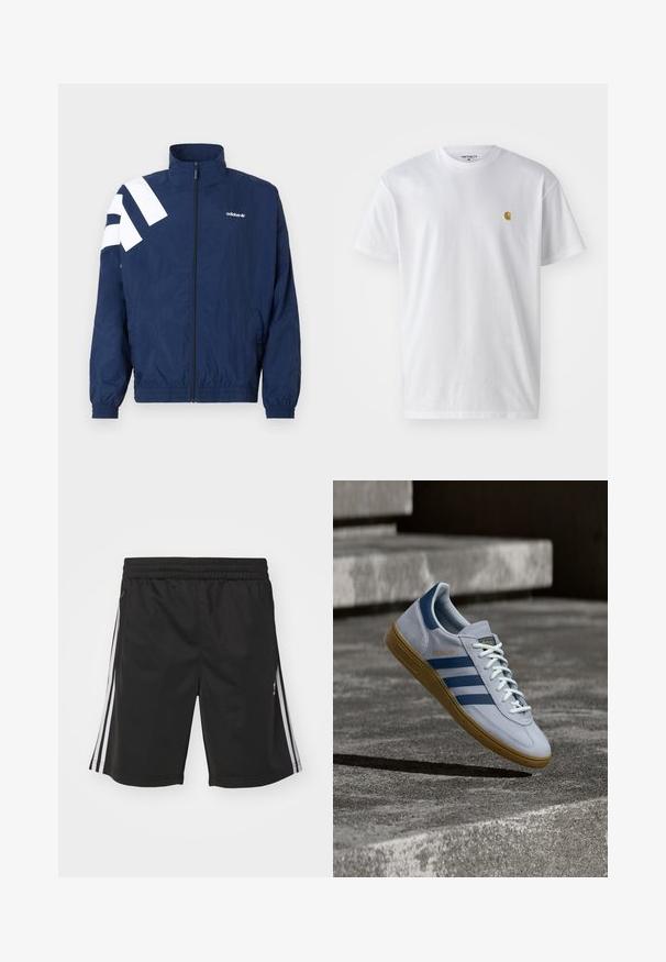 Mørkeblå vindjakke med hvide diagonale striber på venstre skulder, høj krave, elastiske ærmegab, lynlås og sidelommer.; Hvid bomulds t-shirt med korte ærmer, rund hals og et lille guld logo på venstre brystområde. Blød tekstur og almindelig pasform.; Sorte sportsshorts med elastisk talje, med hvide sidestriber og en glat stofstruktur. Ingen yderligere dekorationer.; Lyseblå Adidas Spezial sneakers med marineblå striber og gummisål, vist i luften over betontrapper i et neutralt udendørsmiljø.