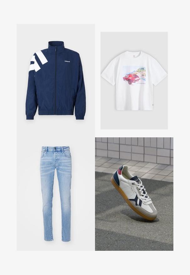 Meresinine tuulekindel jakk, millel on vasakul õlal valged diagonaalsed triibud, kõrge krae, elastsed varrukasääred, lukk ja küljetaskud.; Valge T-särk, millel on punane Levi’s logoga vintage-auto, mis on pargitud rannikulinna lähedal, taustal on mäed ja hooned.; Heledad sinine teksapüksid, millel on kitsas lõige, viie tasku disain, vöökohad ja nupplesi. Kanga tekstuur on pehme.; Valge nahast tenniseking, millel on tumesinised, punased ja hallid aktsendid. Omab kummist tallat, paeltega esipinda ja tasast disaini mitmekesisteks kasutamisvõimalusteks.