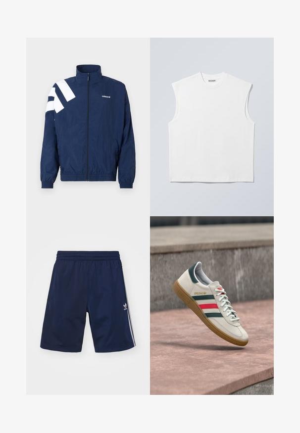 Marineblauer Windbreaker mit weißen diagonalen Streifen auf der linken Schulter, hohem Kragen, elastischen Bündchen, Reißverschluss und Seitentaschen.; Weißes ärmelloses Baumwolltop mit Rundhalsausschnitt und strukturierten Schultern, mit "WEEKDAY" auf dem Kragenetikett versehen, vor hellgrauem Hintergrund dargestellt.; Marineblaue Sportshorts aus leichtem Material, mit einem elastischen Bund und drei weißen Streifen an den Seiten. Adidas-Logo sichtbar.; Weißer Adidas Sneaker mit grünen und roten Streifen, Gummisohle und "SPEZIAL"-Branding, der über einem Steinpflaster schwebt.
