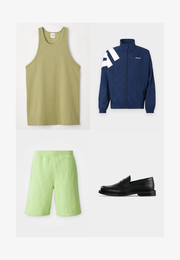 Marineblauer Windbreaker mit weißen diagonalen Streifen auf der linken Schulter, hohem Kragen, elastischen Bündchen, Reißverschluss und Seitentaschen.; Helles grünes, geripptes Top mit rundem Halsausschnitt und weiten Armausschnitten. Der Stoff wirkt weich mit einer feinen Textur und einem regelmäßigen Saum.; Limegrüne Shorts aus weichem Stoff, mit einem elastischen Bund, seitlichen Taschen und einem kleinen weißen Logo auf der unteren rechten Seite.; Schwarzer Leder-Pennyloafer für Herren mit niedrigem, gestapeltem Absatz und abgerundetem Zehenbereich, von der Seite auf hellgrauem Hintergrund gezeigt.