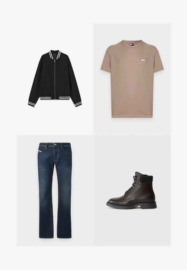 Musta bomber-takki, jossa vetoketju edessä, sivutaskut sekä raidoitettu valkoisen ja tummanharmaan sävyinen resorikaulus ja -hihansuut. Sileä, kevyt materiaali.; Ruskea lyhythihainen puuvillainen t-paita. Vasemmassa rinnassa pieni logopläkki. Yksinkertainen pyöreä pääntie ja suora helma.; Tummansiniset farkut suoralinjaisella leikkauksella, viisi taskua ja huomaamattomat ompelusaumat. Varustettu metallinapeilla ja vetoketjulla.; Tumma ruskea nahkainen nilkkaboots, jossa on musta pehmustettu kaulus, mustat nauhat ja paksu musta pohja, jossa on teksturoitu pinta.