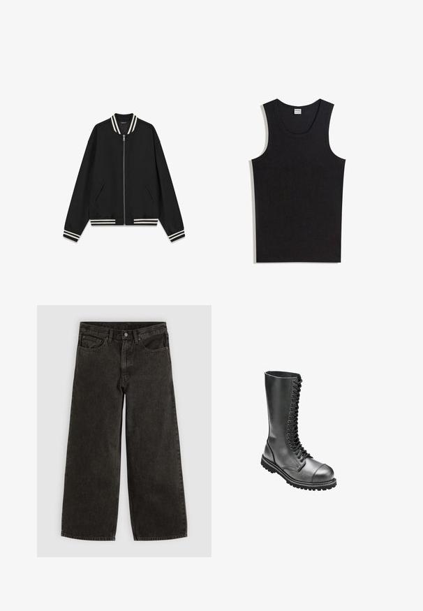 Schwarze Bomberjacke mit einem Frontreißverschluss, Seitentaschen und gestreiftem, geripptem Kragen und Bündchen in Weiß und Dunkelgrau. Glattes, leichtes Material.; Schwarzes Baumwoll-Top mit Rundhalsausschnitt und ärmellosem Design. Glatte Textur ohne sichtbare Muster oder Akzente.; Schwarze Jeans mit weitem Bein, Vorderknopf und Reißverschluss, Gürtelschlaufen und fünf Taschen, flach auf weißem Hintergrund ausgelegt.; Schwarze Leder-Schnürkampfstiefel mit hohem Schaft, runder Zehenpartie, gepolstertem Kragen und strukturiertem Gummisohle für besseren Halt.