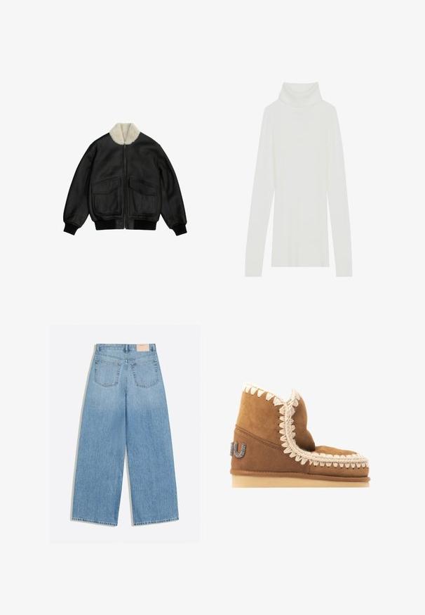 Veste bomber en cuir noir avec fermeture éclair avant, deux grandes poches à rabat, poignets et ourlet côtelés, et col en shearling blanc.; Pull à col roulé blanc côtelé avec des manches longues, texture douce, et un col roulé haut, doté d'une coupe ajustée et sans fermetures visibles.; Jean denim bleu clair à jambes larges avec deux poches arrière et une petite étiquette de marque beige sur la ceinture.; Bottine en daim marron avec une couture décorative crème le long du bord supérieur et un détail de logo métallique sur le côté extérieur. Semelle plate.