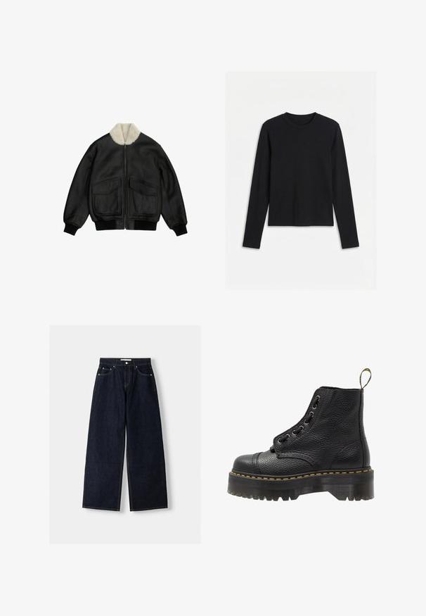 Veste bomber en cuir noir avec fermeture éclair avant, deux grandes poches à rabat, poignets et ourlet côtelés, et col en shearling blanc.; T-shirt noir à manches longues avec col rond, coupe ajustée et design uni, présenté sur un fond blanc.; Jean large en denim bleu foncé à taille haute, avec cinq poches, des coutures contrastées et des éléments en métal argenté. Texture lisse et finition soignée.; Bottines en cuir noir avec surface texturée, bout arrondi, lacets, coutures jaunes et une épaisse semelle noire crantée.