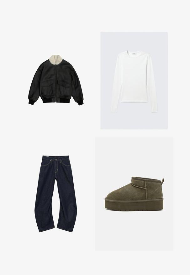 Zwarte leren bomberjack met voorrits, twee grote klepzakken, geribbelde boorden en zoom en een witte shearlingkraag.; Effen wit shirt met lange mouwen en ronde hals, slim fit, afgebeeld tegen een lichtgrijze achtergrond.; Donkerblauwe denim jeans met wijde pijpen, voorzakken, riemlussen en knoopsluiting, plat liggend op een witte achtergrond.; Olijfgroene suède enkellaarzen met een ronde teen, gestikte details en een dikke zool met een gestructureerd patroon. Kleine trekband aan de achterkant.