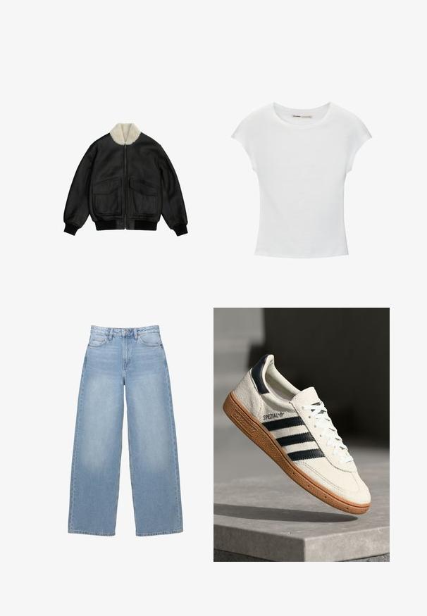 Zwarte leren bomberjack met voorrits, twee grote klepzakken, geribbelde boorden en zoom en een witte shearlingkraag.; Witte katoenen T-shirt met korte, opgerolde mouwen, een ronde halslijn en een rechte zoom. Gladde textuur zonder zichtbare patronen of accenten.; Lichtblauwe, wijde spijkerbroek van denim. Heeft een hoge taille, zijzakken en een knoopsluiting. Glad van textuur met subtiele vervaging.; Witte suède sneakers met marineblauwe strepen, rubberen gumzool, gestructureerde bovenkant, ronde neus en veters; heeft branding aan de zijkant en op de tong.