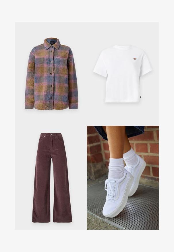 Veste en plaid flou aux couleurs atténuées de marron, bleu et rose. Comprend une fermeture à bouton, des manches longues et une poche poitrine. Texture douillette.; T-shirt en coton blanc à coupe décontractée, avec un petit logo brodé sur la poitrine et une étiquette sur le côté pour plus de détails.; Pantalons large à taille haute en velours côtelé mauve foncé, dotés de poches avant et d'une fermeture par bouton.; Baskets en toile blanches avec semelles en caoutchouc, dotées de six œillets, d'un bout rond et de détails de couture légers, portées avec des chaussettes blanches mi-mollet.