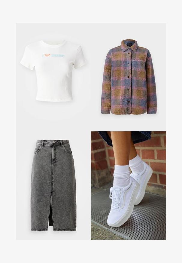 Viltige geblokte jas in gedempte kleuren van bruin, blauw en roze. Heeft een knoopsluiting, lange mouwen en een borstzak. Gezellige textuur.; Witte cropped T-shirt van katoen, met een oranje hartje en "SURF" in lichtblauwe print op de voorkant. Korte mouwen, ronde hals.; Hoge taille, vervaagde zwarte denim midi-jurk met een split aan de voorkant, riemlussen en een klassieke vijf-pocket ontwerp.; Witte canvas sneakers met rubberen zolen, voorzien van zes vetertjes, een ronde neus en lichte stikdetails, gecombineerd met witte enkelsokken.