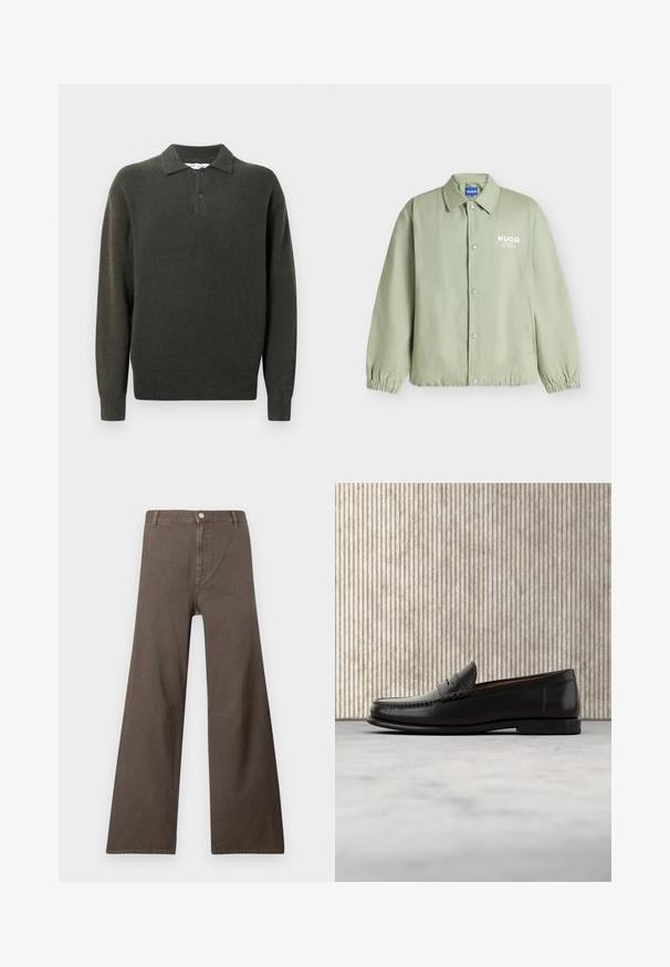 Veste boutonnée vert clair avec poignets élastiques, un col, des poches latérales et le logo blanc "HUGO" sur la poitrine gauche.; Pull-over en vert foncé avec un col, patte de boutonnage à deux boutons et ourlet côtelé. Fabriqué dans un matériau texturé et doux.; Pantalons larges marron à taille haute, fermeture à bouton, passants de ceinture et détails de couture visibles sur les jambes.; Mocassin penny en cuir noir avec talon bas, bout arrondi et détails cousus à l'avant et sur les côtés, présenté sur un fond neutre.