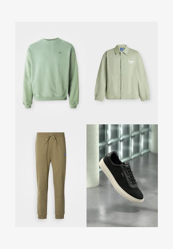 Heleroheline nööbitav jakk elastsete varrukaotste, krae, küljetaskute ja valge "HUGO" logoga vasakul rinnal.; Hele rohelise tooni pikade varrukatega crewneck pusa, mille vasakul rinnal on väike broderi kujutis krokodillist.; Olivroheline dressipüüks koos elastse vöökoha ja paelaga. Omab küljetaskuid ja soonikuid mansette. Valmistatud pehmest, venivast materjalist.; Must madala lõuaga toss, valge tallaga, võrgukangast ja naha detailidega, külgedel „BOSS” logoga, esitatud klaasplokkidest seina taustal.