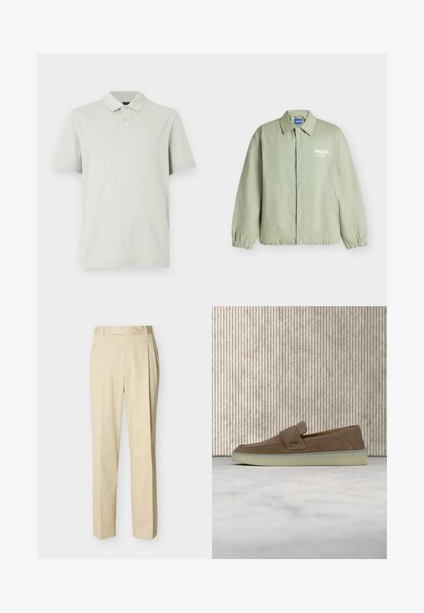 Veste boutonnée vert clair avec poignets élastiques, un col, des poches latérales et le logo blanc "HUGO" sur la poitrine gauche.; Polo gris clair en coton avec col, patte à deux boutons et finitions côtelées sur le col et les manches. Logo brodé sur le devant.; Pantalon beige à jambe droite avec passants de ceinture et plis sur le devant, sur un fond uni clair.; Mocassin beige en daim sans lacets avec semelle en caoutchouc blanche et logo BOSS sur la sangle latérale, présenté sur un fond neutre uni.