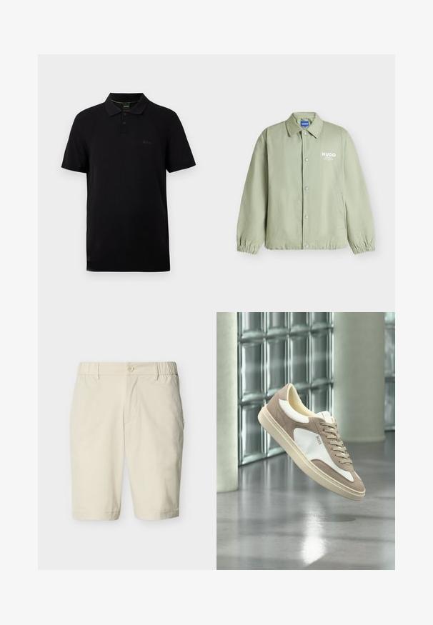 Veste boutonnée vert clair avec poignets élastiques, un col, des poches latérales et le logo blanc "HUGO" sur la poitrine gauche.; Polo noir à manches courtes avec patte de boutonnage, logo "BOSS" discret sur la poitrine et doublure du col avec accents verts.; Shorts beige mi-longueur avec fermeture à bouton, bandes élastiques latérales à la taille, passants pour ceinture et poches latérales sur fond uni.; Baskets en suède beige et blanc avec lacets et logo « BOSS », flottant au-dessus d’un sol en béton poli avec des murs en blocs de verre en arrière-plan.