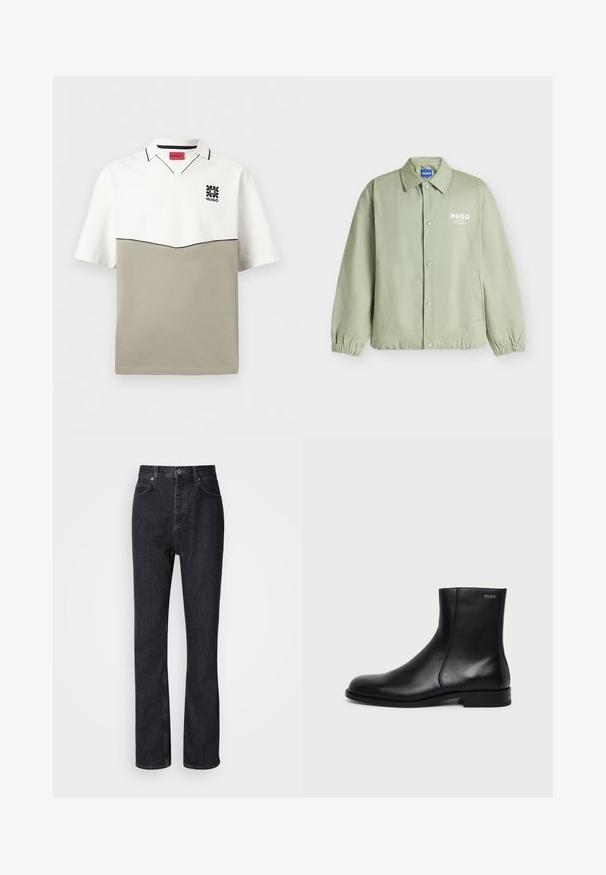 Veste boutonnée vert clair avec poignets élastiques, un col, des poches latérales et le logo blanc "HUGO" sur la poitrine gauche.; Polo manches courtes avec moitié supérieure blanche, moitié inférieure beige, bordure noire et petit logo floral noir avec texte "HUGO" sur la poitrine.; Jean en denim noir taille haute avec fermeture à bouton et à glissière, poches avant et arrière, et coupe droite.; Bottine en cuir noir à talon bas, couture latérale et petit logo "HUGO" sur le revers supérieur sur un fond uni.
