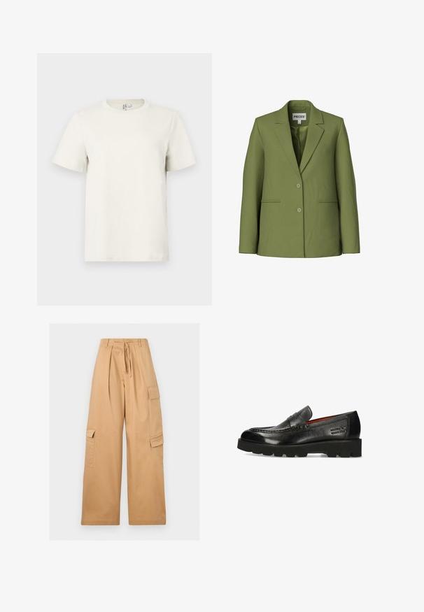 Blazer en verde oliva a medida con solapas con muesca, dos botones, mangas largas y dos bolsillos frontales con abertura de la marca Pieces.; Camiseta de algodón beige claro con cuello redondo, mangas cortas y corte regular. Textura suave y diseño minimalista sin patrones ni acentos.; Pantalones cargo beige de pierna ancha con pliegues delanteros, bolsillos laterales con solapa, trabillas para cinturón y cinturón de tela en la cintura.; Mocasines de cuero negro con un acabado texturizado, que presentan un diseño de costura elevada, suela negra resistente y un sutil detalle del logo en el lateral.