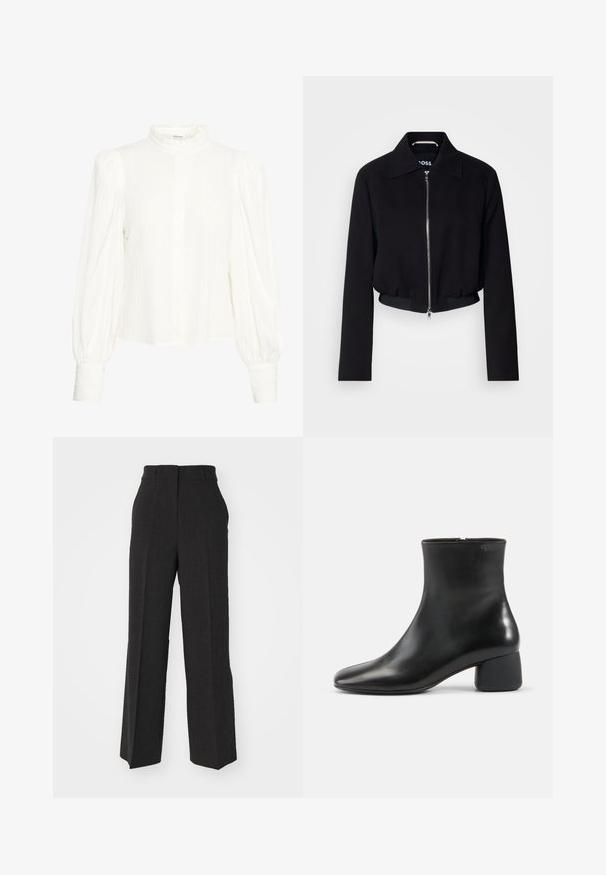 Veste courte noire avec une fermeture éclair à l'avant, col classique, manches longues et ourlet côtelé. Fabriquée dans un matériau lisse sans motifs visibles.; Blouse blanche à manches longues en tissu texturé et froissé. Dotée d'un col haut et volanté et d'une fermeture à boutons. Manches larges et bouffantes avec des poignets à rabat.; Pantalon gris foncé au design tailleur à jambes larges. Dispose d'un tissu texturé, de passants de ceinture et d'une taille mi-haute. Ourlet propre et droit.; Bottine en cuir noir avec bout carré arrondi, fermeture éclair latérale et talon bas épais sur fond clair uni.