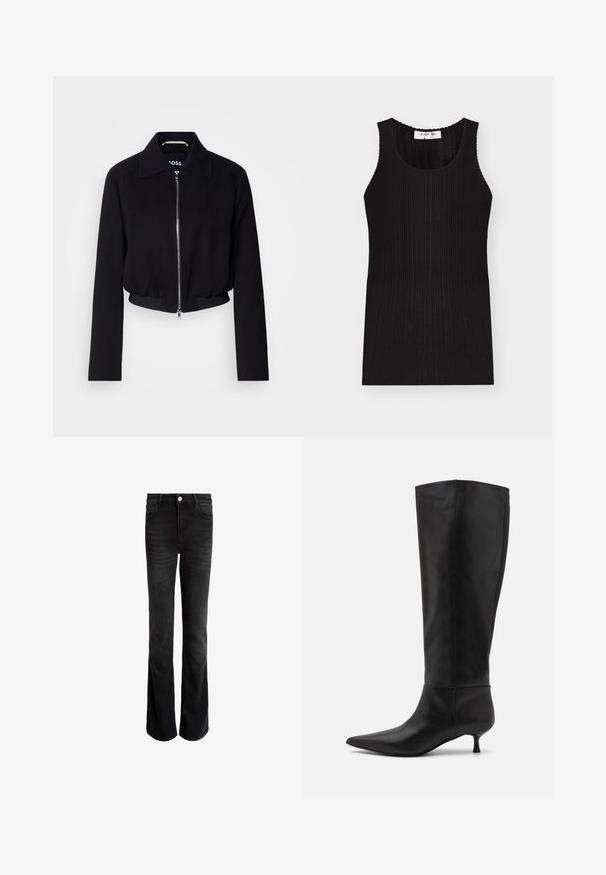 Sort cropped jakke med frontlynlås, klassisk krave, lange ærmer og ribbet kant. Fremstillet af et glat materiale uden synlige mønstre.; Sort ribstrikket ærmeløs tanktop med rund halsudskæring, tætsiddende pasform og et lille hvidt mærke på indersiden af bagkraven.; Sorte flared jeans lavet af denim, med høj talje, fem lommer og sølvfarvet knaplukning. Glat tekstur med subtilt falm.; Knæhøje sorte læderstøvler med spids tå og kitten-heel. Glat tekstur og minimalistisk design uden synligt hardware eller accenter.