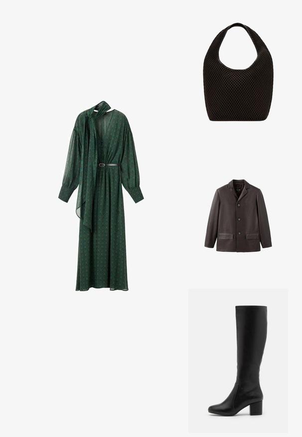 Chaqueta de cuero marrón con textura, cuello con solapa, cierre frontal con botones y dos bolsillos parche. Presenta un ajuste relajado y una textura suave.; Largo vestido verde con un estampado floral, que presenta un lazo en el cuello, mangas voluminosas y un cinturón que acentúa la cintura. Hecho de tela ligera.; Botas de cuero negras hasta la rodilla con una textura suave, punta redondeada, panel lateral y un tacón grueso tipo bloque.; Bolso tipo tote negro de malla de tejido abierto con asa superior redondeada y cuerpo ancho y curvado.