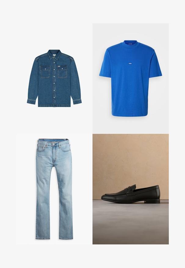Wrangler LONG SLEEVE LOOSE FIT - Denimová bunda - retro blue; Modrá bavlnená tričko s krátkymi rukávmi, okrúhlym výstrihom a malou nášivkou na hrudi. Hladká textúra s voľným strihom.; Svetlomodré džínsy, rovný strih, s piatimi vreckami, kontrastným prešívaním a gombíkom v páse.; Čierna kožená mokasína vznášajúca sa nad béžovým kobercem s béžovou pohovkou v minimalistickom vnútornom prostredí.
