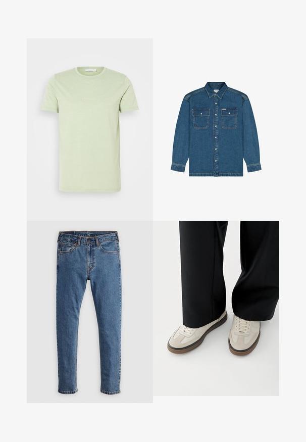 Wrangler LONG SLEEVE LOOSE FIT - Denimová bunda - retro blue; Svetlozelené bavlnené tričko s okrúhlym výstrihom a krátkymi rukávmi. Na prednej strane je jemne potlačené "Ciao Bella" vo svetlej farbe.; Modré džínsy s rovný strihom, piatimi vreckami, oranžovým šitím a klasickým zapínaním na gombík a zips. Ošúchaná textura pozdĺž nohavíc.; Nohy v béžových teniskách s hnedými podrážkami a čierne široké nohavice na bielom pozadí.