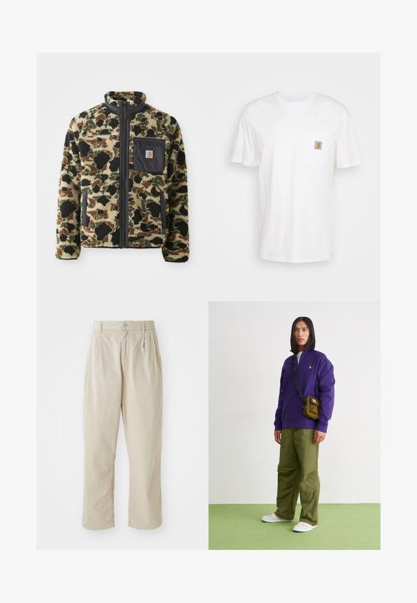 Textureret fleecetrøje med leopardmønster i tan, sort og grøn, der har en frontlynlås og en sort lomme med et emblem.; Hvid bomulds T-shirt med korte ærmer, en brystlomme, og et lille firkantet logo patch i orange og hvid på lommen.; Beige, lette bukser med en afslappet pasform, indsyede folder foran, knaplukning og opbrettede kanter. Glat tekstur, minimalistisk design.; Jordan AIR JORDAN 1 ZM CMFT 2 - Sneakers high - summit white/bicoastal/oxidized green