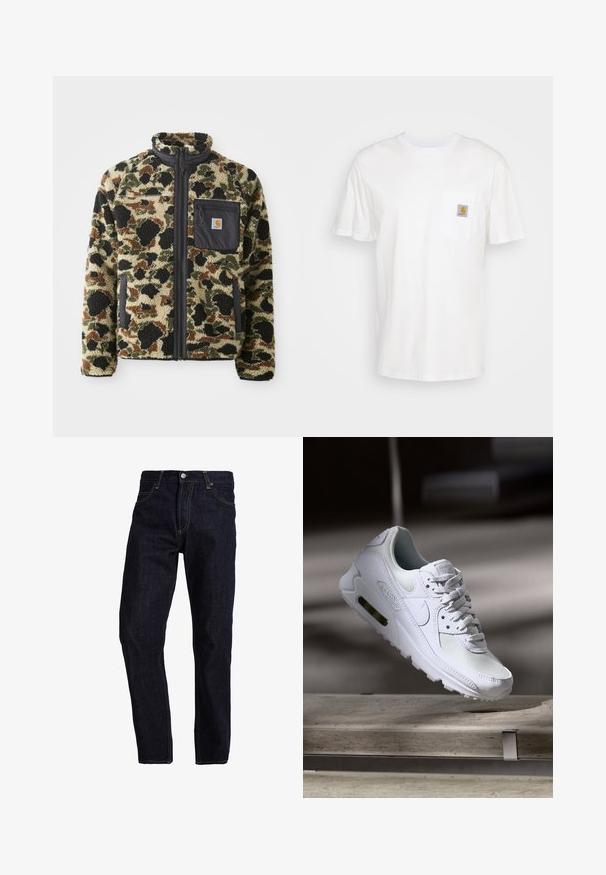 Textureret fleecetrøje med leopardmønster i tan, sort og grøn, der har en frontlynlås og en sort lomme med et emblem.; Hvid bomulds T-shirt med korte ærmer, en brystlomme, og et lille firkantet logo patch i orange og hvid på lommen.; Mørkeblå denim jeans med lige pasform, med gul syning, fem lommer og en klassisk knap- og lynlås lukning.; Hvide Nike Air Max 90 sneakers med en overdel i mesh og læder, perforeret tåboks og en synlig luftenhed i hælen.