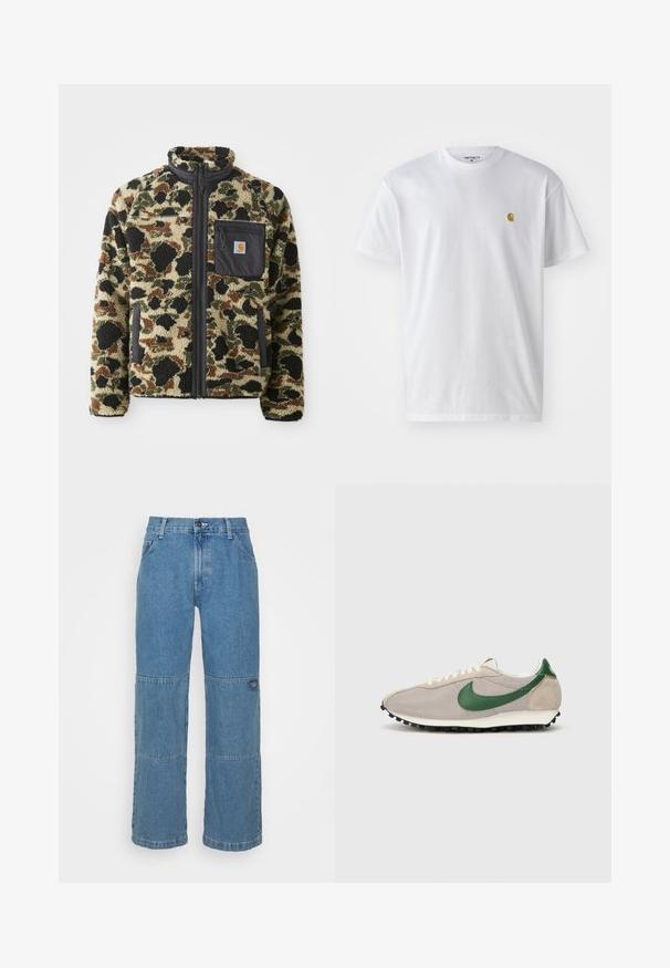 Strukturierte Fleecejacke mit einem Leopardenmuster in Beige, Schwarz und Grün, ausgestattet mit einem Frontreißverschluss und einer schwarzen Tasche mit einem Emblem.; Weißes Baumwoll-T-Shirt mit kurzen Ärmeln, Rundhalsausschnitt, mit einem kleinen goldenen Logo im linken Brustbereich. Weicher Stoff und normale Passform.; Helle blaue Jeans aus Denim mit lockerer Passform, ausgestattet mit Patchwork-Einsätzen, Knopfverschluss, Fünf-Taschen-Design und dezentem Branding am Bein.; Beige Laufschuhe mit grünen Wildlederakzenten, strukturiertem Mesh-Obermaterial, cremefarbenen Schnürsenkeln und einer schwarzen Gummisohle mit Traktionsnoppen.