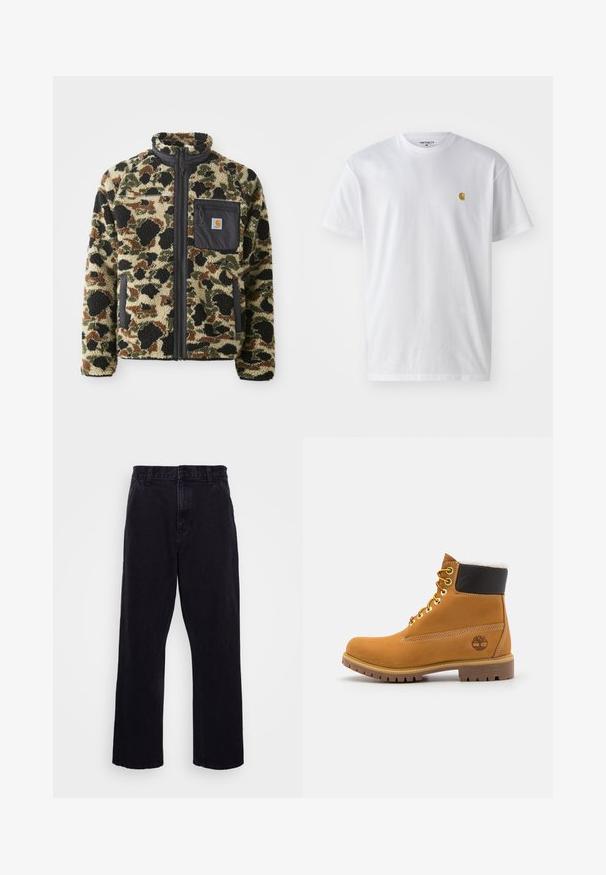 Textureret fleecetrøje med leopardmønster i tan, sort og grøn, der har en frontlynlås og en sort lomme med et emblem.; Hvid bomulds t-shirt med korte ærmer, rund hals og et lille guld logo på venstre brystområde. Blød tekstur og almindelig pasform.; Sorte denimbukser med lige ben, der har en knap- og lynlåslukning, bæltestropper og minimale syninger.; Brune læder ankelstøvle med metaløjer, hvid pelsforing, sort polstret krave, robust sål og præget logo på siden.