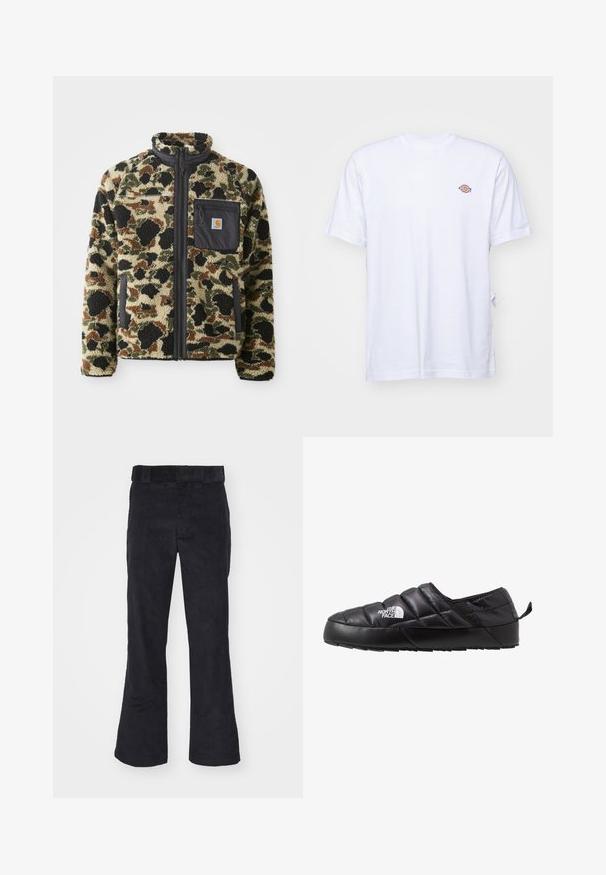Strukturierte Fleecejacke mit einem Leopardenmuster in Beige, Schwarz und Grün, ausgestattet mit einem Frontreißverschluss und einer schwarzen Tasche mit einem Emblem.; Weißes Baumwoll-T-Shirt mit V-Ausschnitt und kurzen Ärmeln. Besitzt ein kleines, buntes, gesticktes Logo auf der linken Brustseite. Weiches Material.; Schwarze Cordhosen mit lockerer Passform, klassischem Bund und weit geschnittenen Beinen, weicher Textur und ohne sichtbare Muster oder Akzente.; Schwarzer Slipper mit gestepptem Design, aus gepolstertem Material gefertigt. Verfügt über eine strukturierten Gummisohle und eine kleine Lasche hinten.