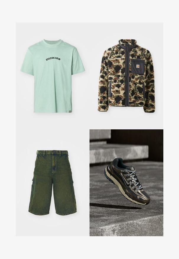 Chaqueta de forro polar texturizado con un patrón de leopardo en tonos marrón, negro y verde, que cuenta con un cierre frontal de cremallera y un bolsillo negro con un emblema.; Camiseta de algodón verde claro con un logo en negro en forma curva de "DICKIES" en el frente. Cuello redondo clásico y mangas cortas. Diseño minimalista.; Bermudas de mezclilla verde en un corte relajado, con bolsillos laterales y cierre de botón. Textura desgastada y corte recto.; Zapatilla de correr Nike metálica oscura y negra con suela beige flotando sobre escalones grises de hormigón.
