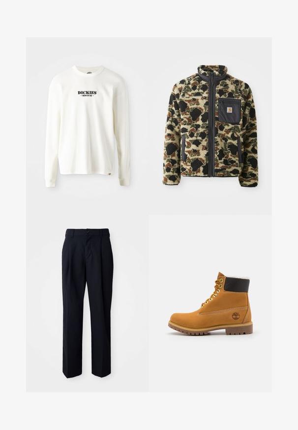 Chaqueta de forro polar texturizado con un patrón de leopardo en tonos marrón, negro y verde, que cuenta con un cierre frontal de cremallera y un bolsillo negro con un emblema.; Sudadera de manga larga blanca de canalé con un logo negro "DICKIES" y "DESDE '22" debajo, cuello redondo y mangas con puños.; Pantalones negros de corte recto, fabricados en tejido suave. Presentan un botón en la cintura, trabillas para cinturón y detalles de pliegues en la parte delantera para estructurar.; Botín de cuero marrón con ojales de metal, forro de piel sintética blanca, cuello acolchado negro, suela resistente y logotipo en relieve en el costado.