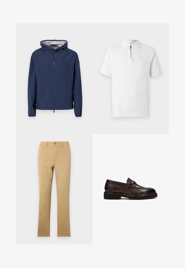 Chaqueta azul marino con capucha, cremallera completa en la parte frontal, puños elásticos y bolsillos laterales con cremallera, mostrada sobre un fondo liso.; Camisa polo blanca de manga corta con un tejido texturizado, que cuenta con un cuello con cremallera y un dobladillo acanalado. Diseño limpio adecuado para uso casual.; Pantalones de pierna recta de color caqui, hechos de algodón, con cierre de botón, bolsillos frontales y una textura suave.; Mocasines de cuero marrón con punta redonda, suela de goma gruesa y pequeña correa decorativa. Textura suave con detalles de costura mínimos.