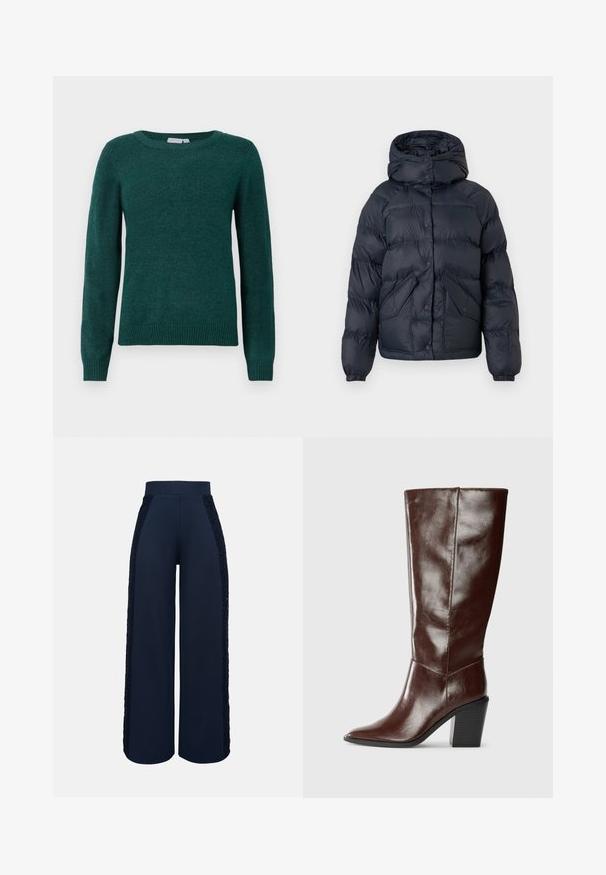 Marineblå forede jakke med hætte, der har trykknapper, to frontlommer og elastiske manchetter. Glat tekstur og varm isolering.; Mørkegrønt sweater lavet af blødt stof, med rund halsudskæring og lange ærmer med ribbede manchetter og kant.; Marineblå bukser med vide ben, høj talje og blonder langs ydersiden af begge ben.; Høj, mørkebrun læderstøvle med spids tå og stablet blokhæl, vist fra siden på en ensfarvet baggrund.