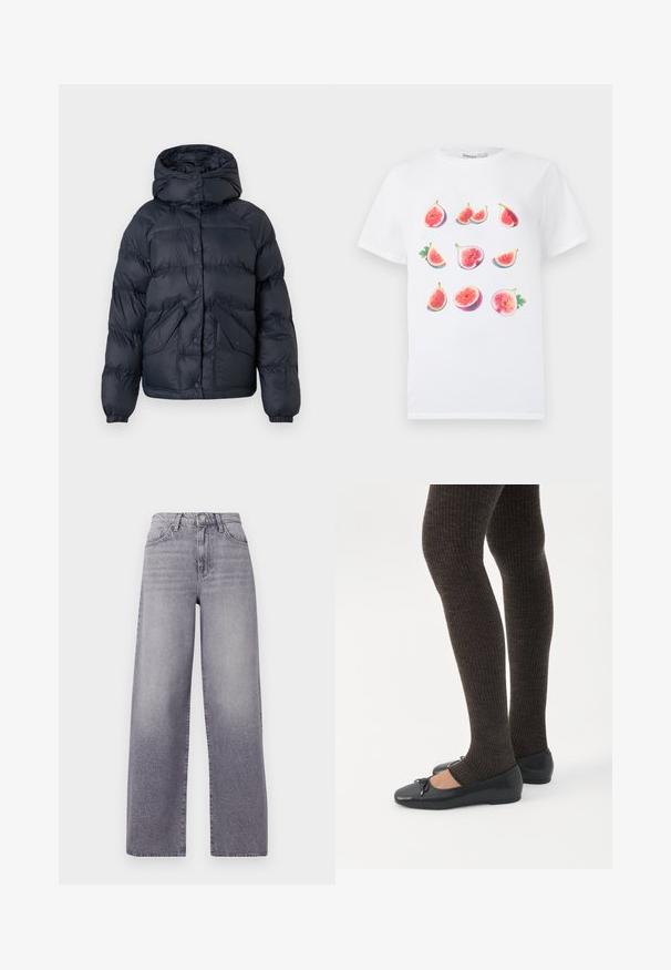 Marineblauwe gewatteerde jas met een capuchon, voorzien van drukknoopjes, twee voorzakken en elastische manchetten. Soepele textuur en warme isolatie.; Witte katoenen t-shirt met een grafische print van verschillende vijgen in diverse posities en kleuren, die het roze vruchtvlees en de groene bladeren benadrukken.; Hoge taille, wijde pijpen jeans van lichtgrijs denim. Voorzien van een klassiek vijf-pocket ontwerp, subtiele vervaging en een metalen knoopsluiting.; Benen met donkere geribbelde leggings gecombineerd met zwarte ballerina's met kleine strikdetails op een witte achtergrond.
