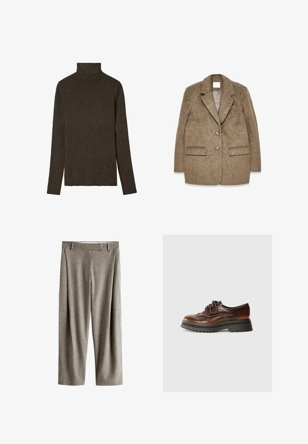 Brun struktureret uldblandet blazer med to knapper, to frontlommer med klapper, hakkede revers og en glat indvendig foring.; Mørkebrunt turtleneck top lavet af blød, struktureret stof. Har lange ærmer og en tætsiddende pasform, med en glat halsudskæring.; Grå bukser med lige ben, bæltestropper, flad front og en subtil tekstur på en hvid baggrund.; Brune læder snørebåndssko med brogue-detaljer, gummisål og kontrasterende sort tekstureret platform. Glat finish med klassisk design.