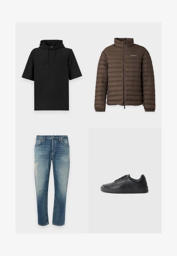 Veste matelassée marron avec fermeture éclair à l'avant et logo Armani Exchange sur la poitrine gauche, col montant et poignets élastiques.; Sweat à capuche noir à manches courtes avec capuche à cordon de serrage et motif discret en relief sur le tissu, présenté sur un fond blanc uni.; Jean en denim bleu clair à coupe décontractée, avec des zones usées, une fermeture à boutons et cinq poches. Lavage en machine recommandé.; Chaussure de sport en cuir noir avec une finition lisse, bout arrondi, panneau latéral texturé et lacets noirs. Présente une semelle en caoutchouc plate et un design minimaliste.