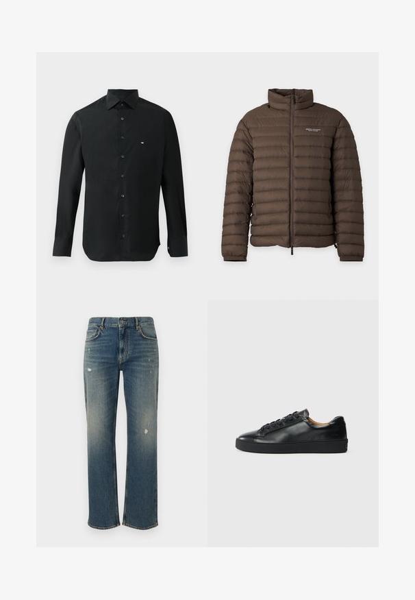 Chaqueta acolchada marrón con cremallera frontal y logo de Armani Exchange en el pecho izquierdo, cuello alto y puños elásticos.; Camisa negra de manga larga hecha de tela suave, con cuello puntiagudo, botonera y un pequeño logo blanco en el lado izquierdo del pecho.; Vaqueros de mezclilla en azul medio con corte recto, que presentan un ligero desgaste y parches desgastados. Diseño clásico de cinco bolsillos y cierre con botón superior.; Zapatilla negra de cuero con una textura suave, puntera redonda y cierre de cordones. Presenta una suela de goma gruesa y un detalle de marca mínimo.