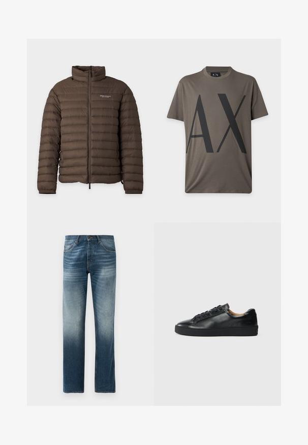 Hnedá prešívaná vatovaná bunda s predným zipsom a logom Armani Exchange na ľavej strane hrude, vysokým golierom a elastickými manžetami.; Sivé tričko s krátkym rukávom s veľkými čiernymi písmenami "AX" potlačenými na prednej strane a okrúhlym výstrihom.; Džínsy v tmavo-modrom vyblednutí, strih s rovnými nohavicami. Obsahujú päť vreciek, štandardný pás s pútkom na opasok a zapínanie na kovový gombík.; Čierne kožené tenisky s hladkým povrchom, okrúhlou špičkou a šnúrkami. Majú hrubú gumenú podrážku a minimálne značkové detaily.