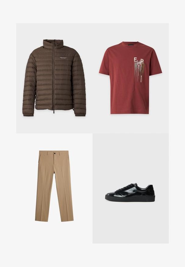 Bruine doorgestikte gewatteerde jas met rits aan de voorkant en Armani Exchange-logo op de linkerborst, hoge kraag en elastische manchetten.; Korte mouw roestrode T-shirt met meerkleurig verticaal "EMPORIO ARMANI" tekstontwerp op de linkerborst.; Beige broeken van textuurstof met een ontspannen pasvorm. Voorzien van een voorste knoopsluiting, zijzakken en geen zichtbare patronen.; Zwarte gepatenteerde leren sneakers met een ronde neus, vetersluiting, een gestructureerde rubberen zool en een glanzende afwerking.