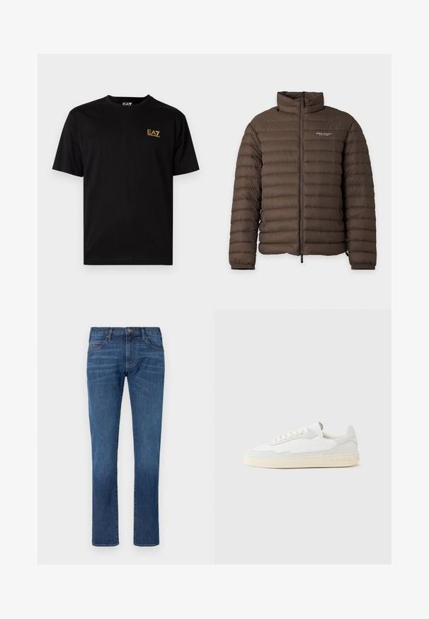 Bruine doorgestikte gewatteerde jas met rits aan de voorkant en Armani Exchange-logo op de linkerborst, hoge kraag en elastische manchetten.; Zwarte katoenen t-shirt met korte mouwen, met een klein geel geborduurd logo op de linker borst. Klassiek crewneck ontwerp.; Blauwe spijkerbroek met rechtvallende pijpen, voorzien van een klassiek ontwerp met vijf zakken en een knoopsluiting. Subtiele vervaging over de stoftextuur.; Witte sneaker met een bovenwerk van gestructureerd suède en leer. Voorzien van een afgeronde neus, vetersluiting en een contrasterende beige rubberen zool.