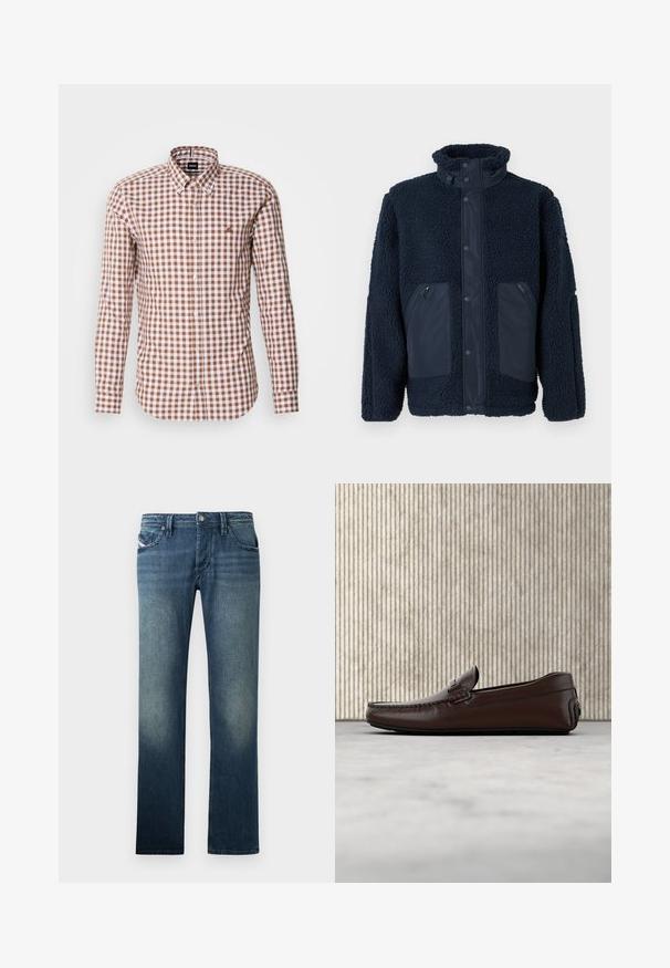 Marineblaue Fleecejacke mit hohem Kragen, Druckknöpfen, zwei mit Reißverschluss ausgestatteten Fronttaschen und kontrastierenden Stoffpaneelen an den Taschen und der Frontleiste.; Braun- und weiß kariertes Langarmhemd mit Button-Down-Kragen und gesticktem Logo auf der Brust. Baumwollstoffstruktur.; Dunkelblaue Jeans im klassischen geraden Schnitt. Verfügt über fünf Taschen und dezente Ausbleichungen für zusätzlichen Textur. Sichtbare Knöpfe und Nähte.; Braune Leder-Loafer mit glatter Oberfläche, Mokassinstich, erhöhtem Zehenbereich und einer flexiblen Gummisohle in niedriger Höhe.