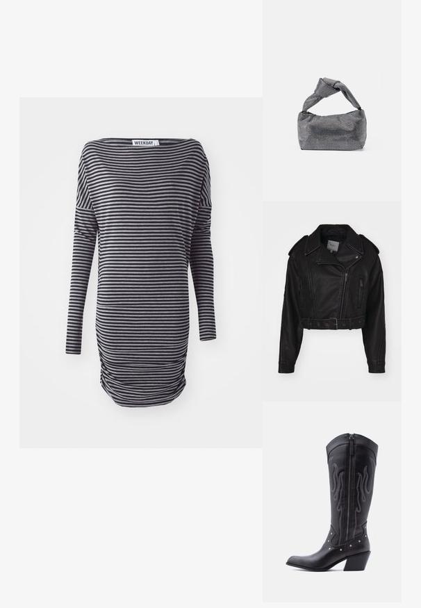 Chaqueta de cuero negro recortada con cierre de cremallera, hombreras y bolsillos laterales. Presenta una cintura ceñida con cinturón y una textura suave.; Vestido de manga larga a rayas en negro y gris. Presenta un ajuste holgado, escote redondeado y detalle de fruncido lateral. Fabricado con tejido suave.; Botas vaqueras de cuero negro con puntera puntiaguda, costuras visibles, detalles de tachuelas plateadas y cierre de cremallera en el lado interior.; Bolso de mano negro y plateado con una superficie texturizada que presenta un patrón de diamante, un asa anudada y una forma estructurada.