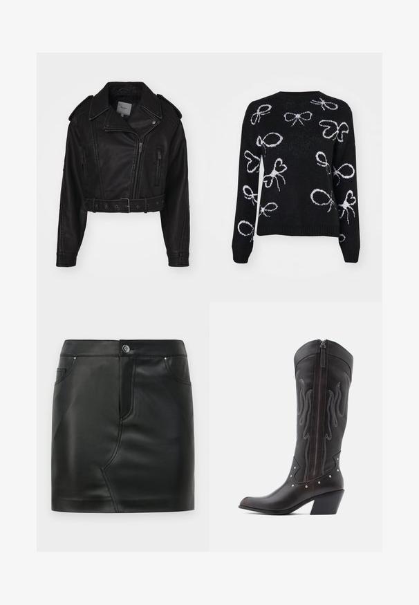 Chaqueta de cuero negro recortada con cierre de cremallera, hombreras y bolsillos laterales. Presenta una cintura ceñida con cinturón y una textura suave.; ONLY ONLLOUI BOW - Jersey de punto - black/cloud dancer; Mini falda de imitación cuero negra con botones frontales, cierre de cremallera, bolsillos delanteros y traseros, y detalles de costura.; Botas de cowboy de cuero marrón con costuras en forma de llama, cremallera lateral, tachuelas plateadas, punta puntiaguda y tacón apilado.