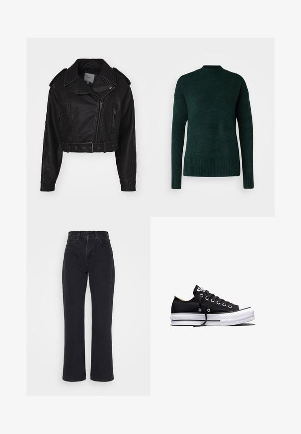 Afklippet sort læderjakke med lynlås, skulderepauleter og sidelommer. Har en bælte i taljen og en glat tekstur.; Vero Moda Tall VMLEFILE BOXY - Striktrøje - scarab melange; Sorte jeans med høj talje og lige ben, med forlommer og bæltestropper på en hvid baggrund.; Sort lavt sneakers i lærred med hvid sål i gummi, sorte snørebånd og metaløjer på hvid baggrund.