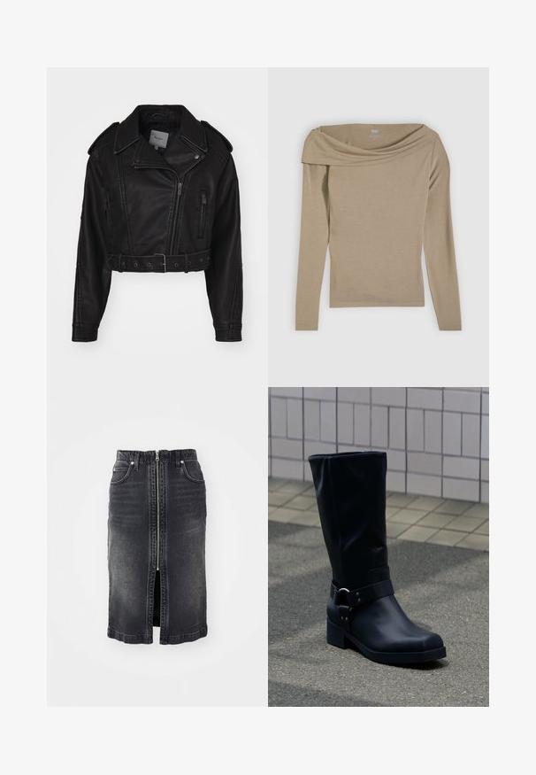 Afklippet sort læderjakke med lynlås, skulderepauleter og sidelommer. Har en bælte i taljen og en glat tekstur.; Beige langærmet top med skulderfri design og glat tekstur. Fremstillet af et blødt, letvægtsstof.; Sort denimnederdel med en frontlynlås, to sidelommer, mellemlangt design og subtilt slid. Har en lige skæring og kantede kanter.; Sort læderstøvle midt på læggen med lav blokhæle og en dekorativ rem med metal spænde rundt om anklen, på en flisebelagt fortov.