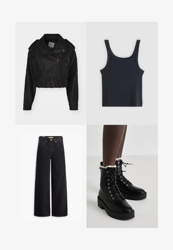 Kort zwart leren jack met ritssluiting, schouderepauletten en zijzakken. Beschikt over een tailleriem en een gladde textuur.; Zwart geribd tanktop met brede schouderbanden en een ronde hals, plat gelegd op een lichtgrijze achtergrond.; Zwarte brede jeans gemaakt van denim, met vijf zakken, koperen klinknagels en een klassieke knoopsluiting. Glad van textuur met een strakke uitstraling.; Zwarte veterschoenen tot de enkel met stevige zolen en witte fleece voering, gedragen door een persoon die op een lichte vloer staat.