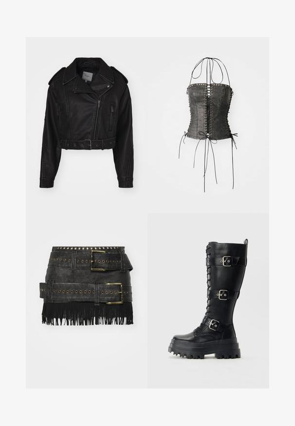 Afklippet sort læderjakke med lynlås, skulderepauleter og sidelommer. Har en bælte i taljen og en glat tekstur.; Jaded London LONGLINE LACE UP HALTER CORSET - Top - black; Sort faux læder nederdel med store metalspænder, grommet-detaljer og frynser i kanten. Struktureret design med flere bælter.; Høj sort læder militærstøvle med kraftig sål, tre justerbare spænder og snørebånd foran på en ensfarvet baggrund.