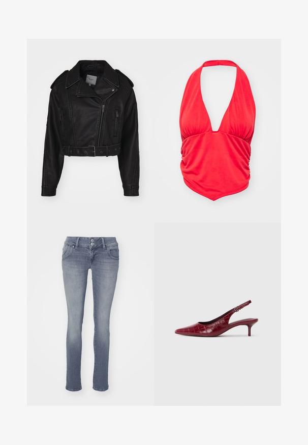 Chaqueta de cuero negro recortada con cierre de cremallera, hombreras y bolsillos laterales. Presenta una cintura ceñida con cinturón y una textura suave.; Top rojo de tirantes con un escote en V pronunciado y detalles de tela fruncida en el busto. Textura suave y forma ajustada, adecuado para uso casual.; Jeans ajustados en denim azul claro, con un diseño clásico de cinco bolsillos, cierre de dos botones y un ligero desvanecimiento en la parte delantera.; Zapato de tacón tipo slingback de cuero burdeos con textura de cocodrilo, punta afilada, correa ajustable con hebilla y tacón bajo tipo kitten sobre un fondo blanco.