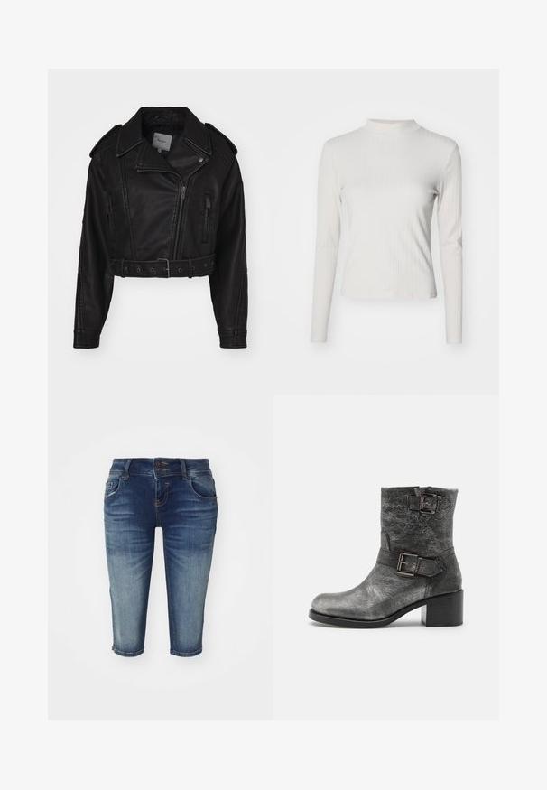Veste en cuir noir coupée avec fermeture éclair, épaulettes, et poches latérales. Présente une taille ceinturée et une texture lisse.; Haut à manches longues beige clair côtelé avec col montant et texture lisse, présentant une coupe ajustée et des accents de design minimalistes.; Bermudas en denim bleu foncé avec une finition délavée, comportant cinq poches, une fermeture à double bouton et un design à jambes droites.; Bronx NEW CAMPEROS - Bottines de cowboy / motard - gunmetal/black