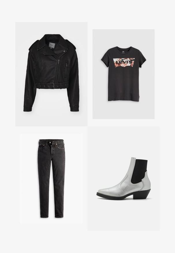 Chaqueta de cuero negro recortada con cierre de cremallera, hombreras y bolsillos laterales. Presenta una cintura ceñida con cinturón y una textura suave.; Camiseta negra de manga corta con un logo de Levi's que presenta un patrón floral en tonos de rosa y marrón dentro del diseño característico.; Jeans de denim negro con corte recto, que cuentan con cinco bolsillos, herrajes de cobre y una textura ligeramente deslavada.; ONLY SHOES ONLBRONCO SHORT - Botines camperos - silver