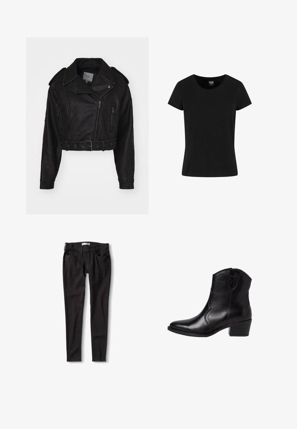 Veste en cuir noir coupée avec fermeture éclair, épaulettes, et poches latérales. Présente une taille ceinturée et une texture lisse.; T-shirt noir à manches courtes en coton, avec un col rond et un design simple sans ornements.; Jeans en denim noir avec une coupe droite, dotés d'une taille standard, de passants de ceinture et de deux poches avant. Texture lisse, matériel minimal.; Bottes noires en cuir à bout pointu, avec des coutures latérales courbées et un petit talon carré. Elles sont dotées d'une fermeture éclair et d'une texture lisse.